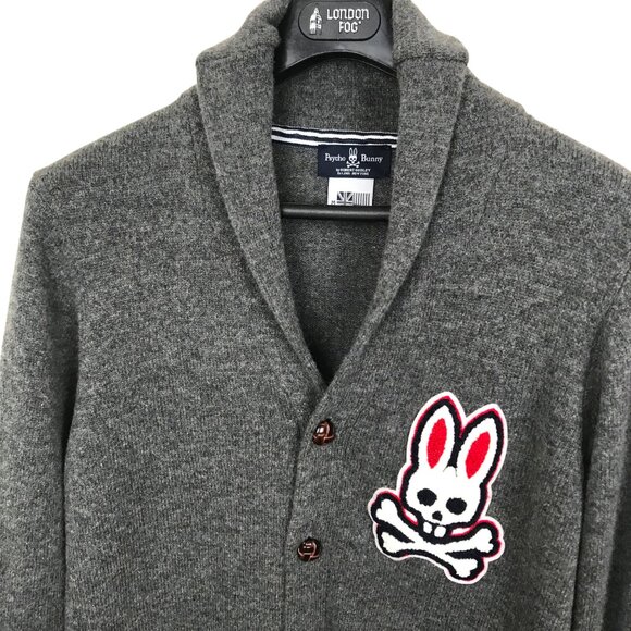 Psycho Bunny Shawl Neck Gray 100% Wool Cardigan Size M - Picture 4 of 8